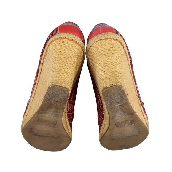 Toms Shoes Womens 8 Wedge Sandal Casuall Fashion Calypso Espadrille Red Peep Toe - Picture 11 of 14